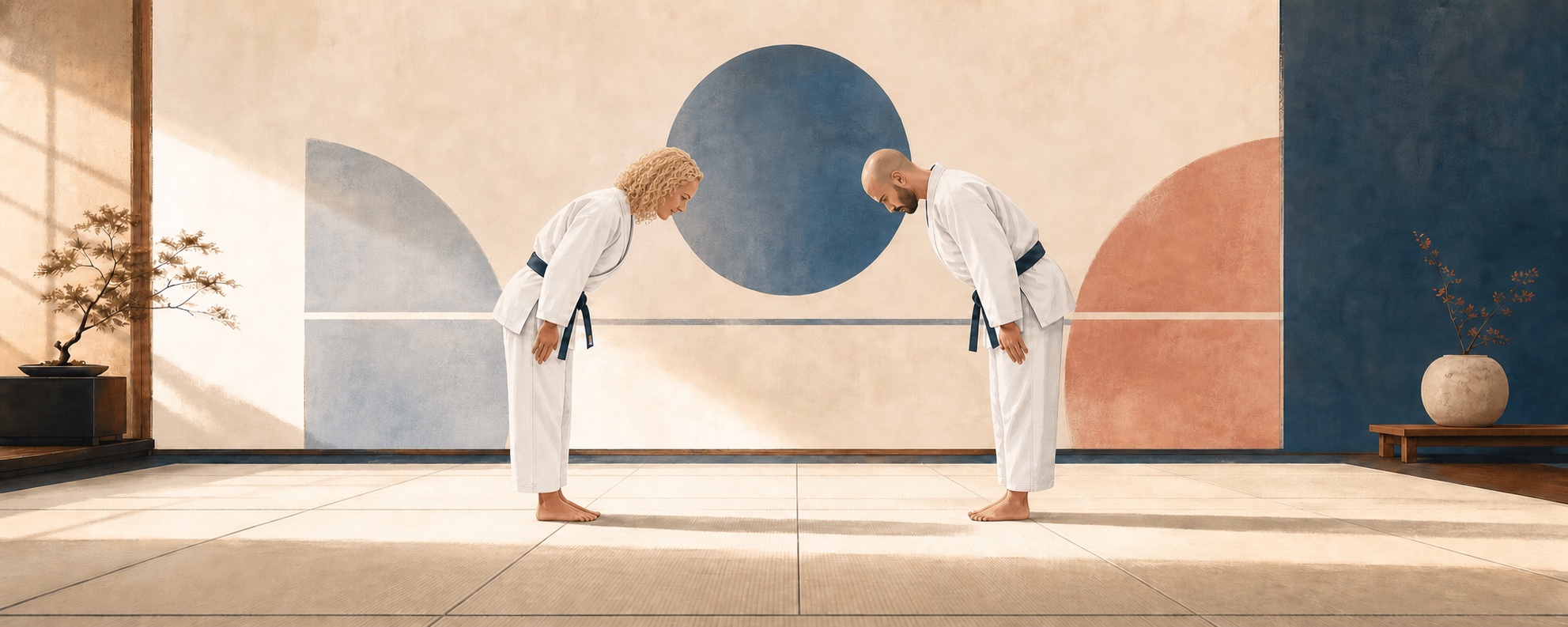 Two judoka bowing to one another in a dojo