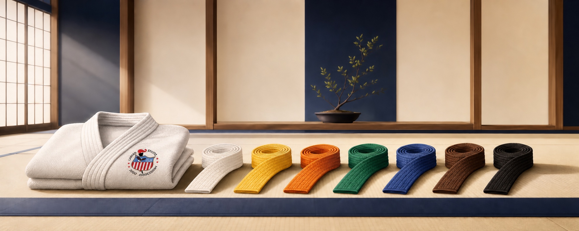 A folded judogi with colored belts arranged from white through black