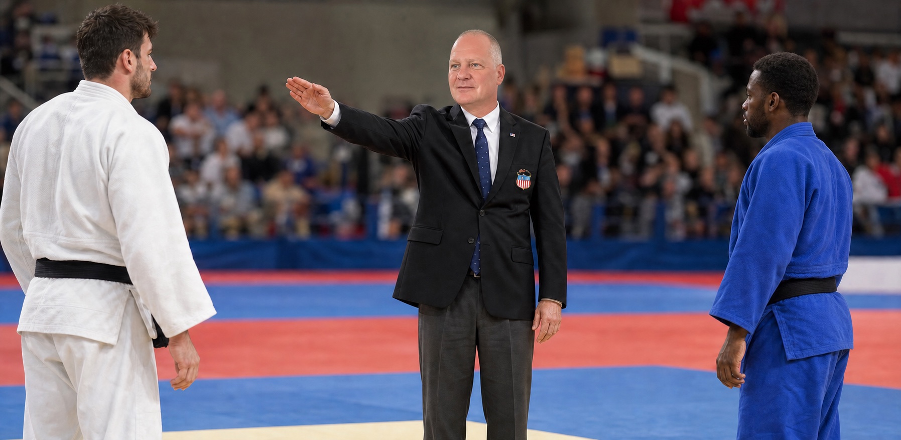 A USJA referee signaling a decision between two judoka at a tournament